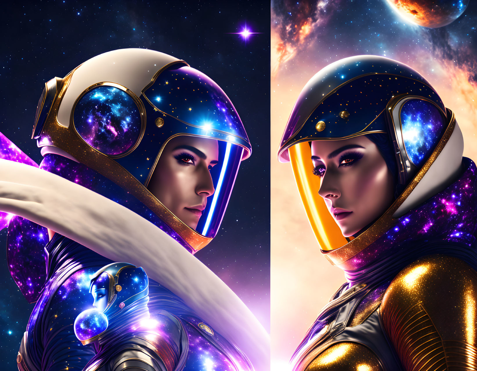 Astronauts with Cosmic Helmets in Vibrant Space Scene