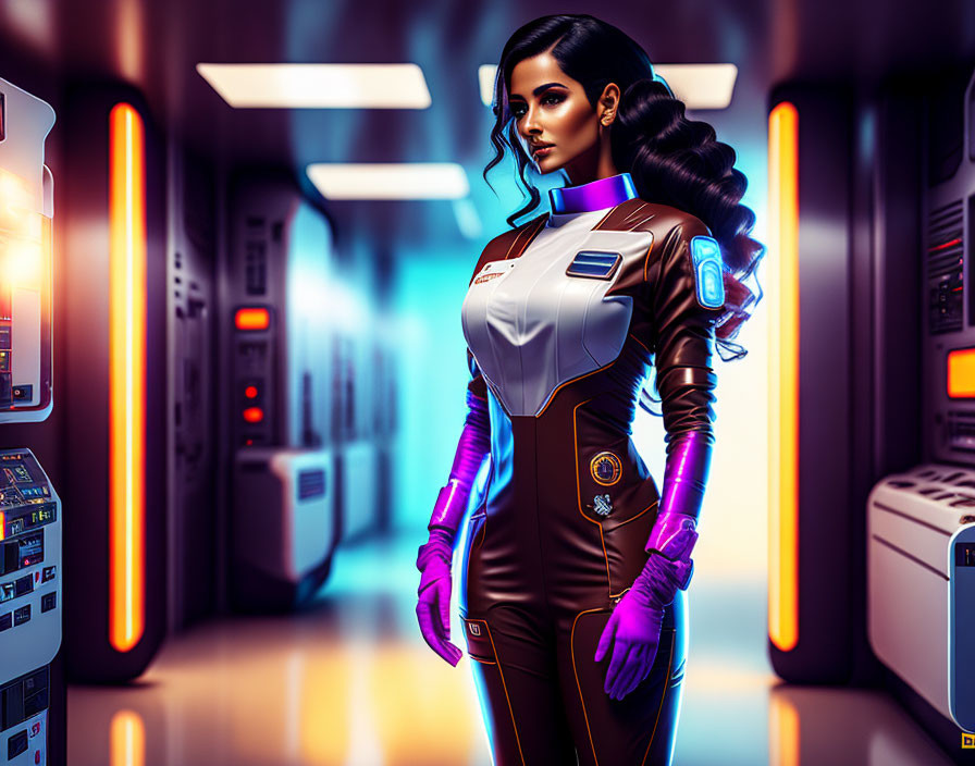 Futuristic space woman in ship's corridor with neon lights