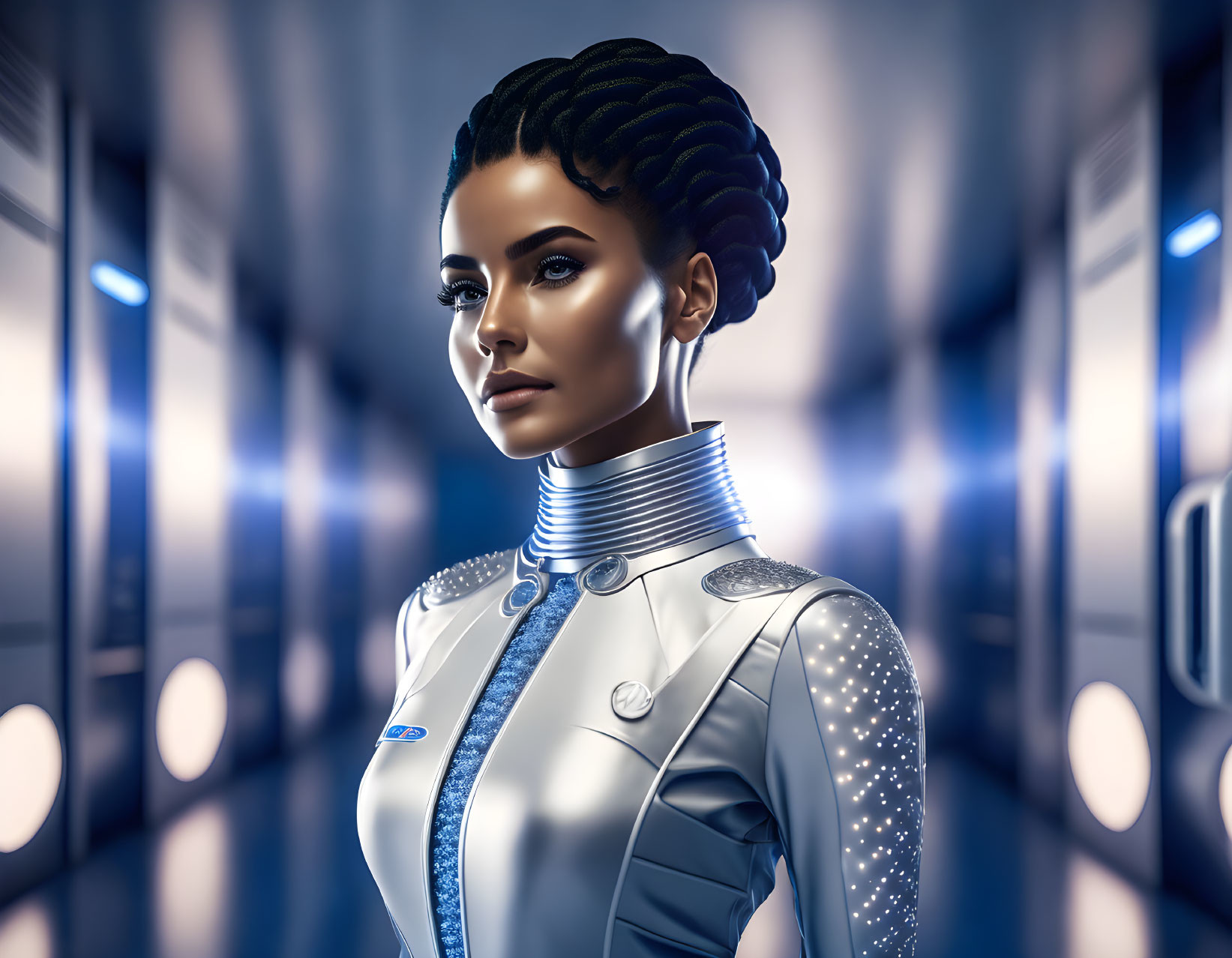 Futuristic digital illustration of a woman with braided hair in glowing suit in sci-fi corridor