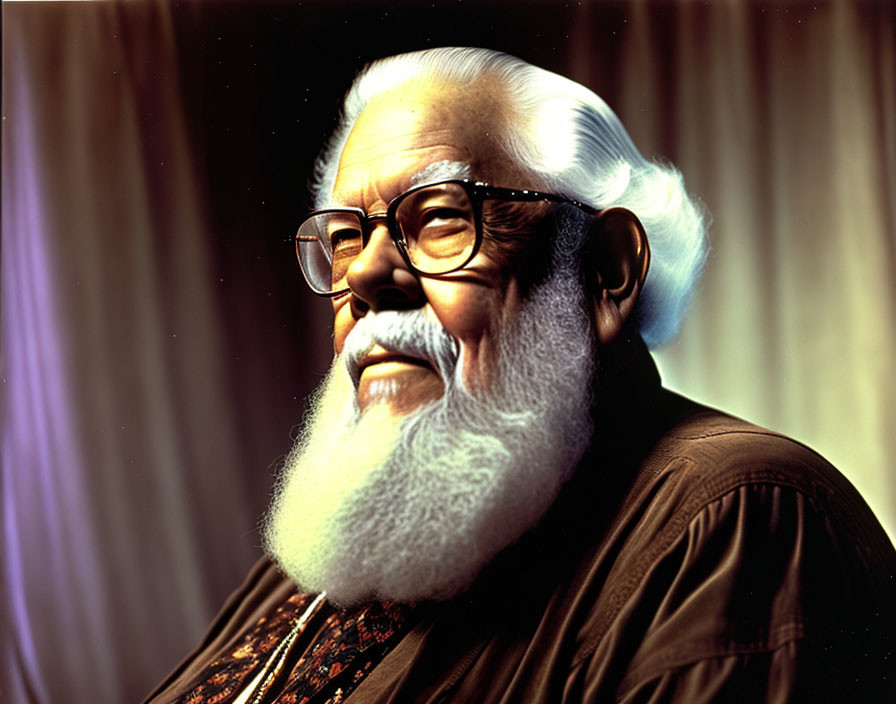 Elderly Man with Long White Beard Smiling in Brown Jacket