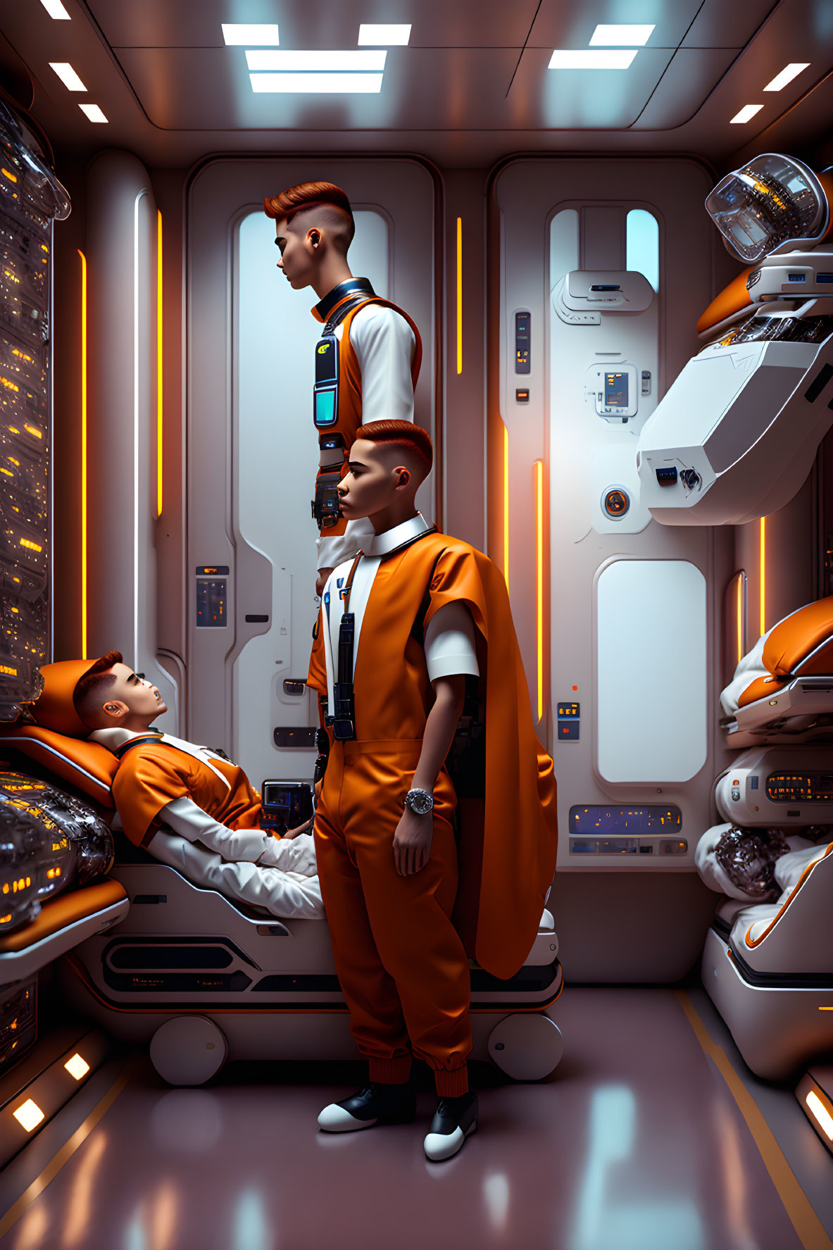 Three people in futuristic spacecraft: one in stasis pod, one standing, one looking up