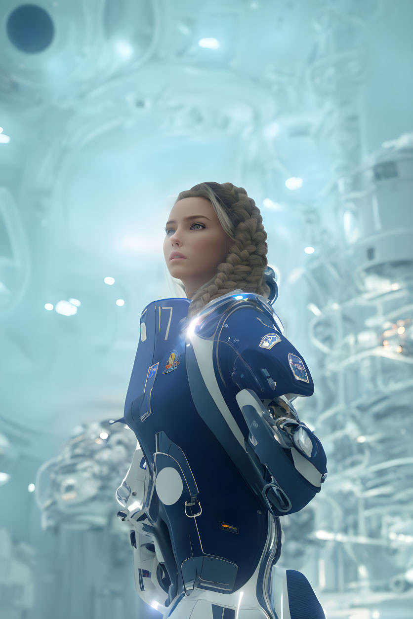 Futuristic space suit woman in high-tech facility with illuminated spheres