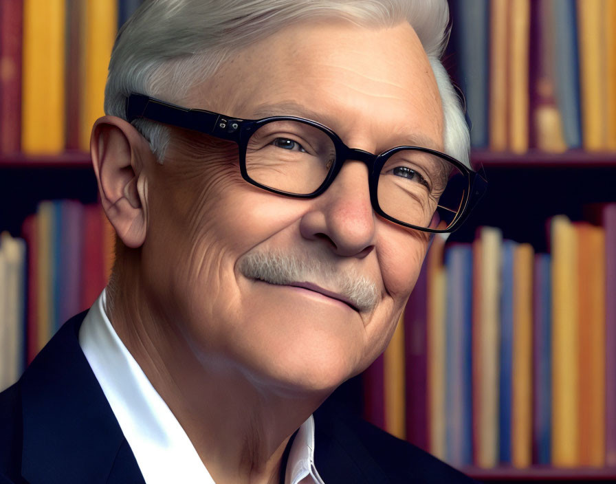 Elderly Gentleman in Glasses Smiling in Suit Among Colorful Bookshelves