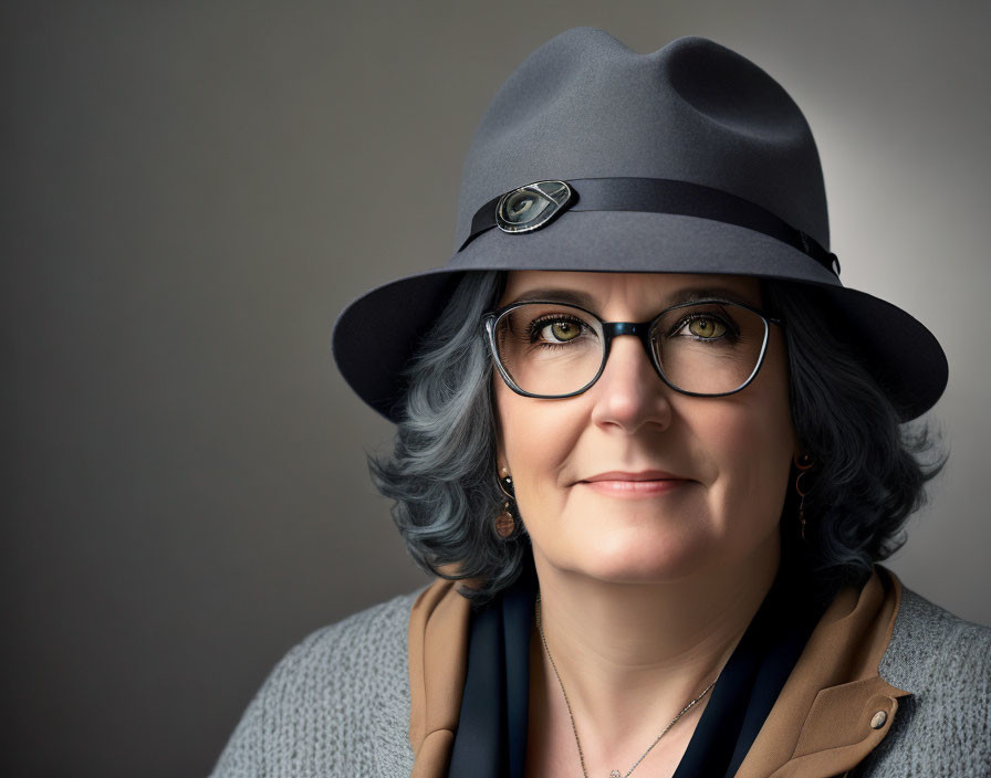 Smiling woman with gray hair in glasses and hat portrait.