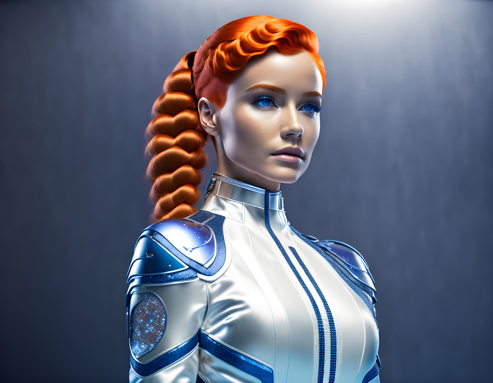 Futuristic 3D illustration of woman with red hair in space suit