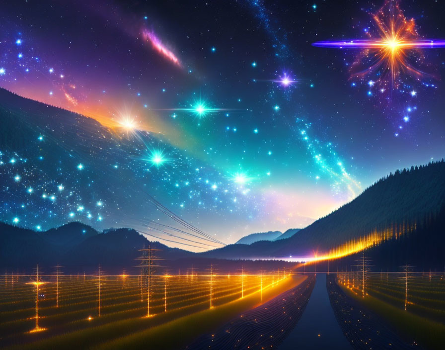 Colorful Night Sky Artwork Over Mountainous Landscape