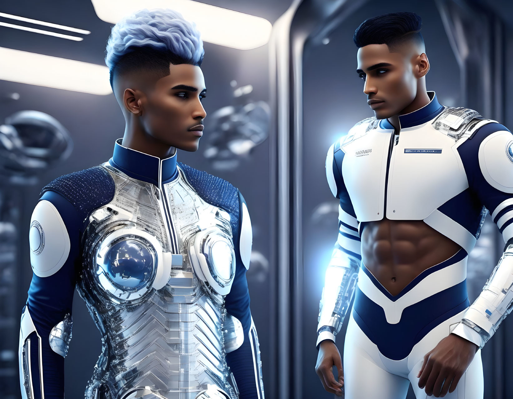 Futuristic individuals in white and blue spacesuits in spaceship corridor