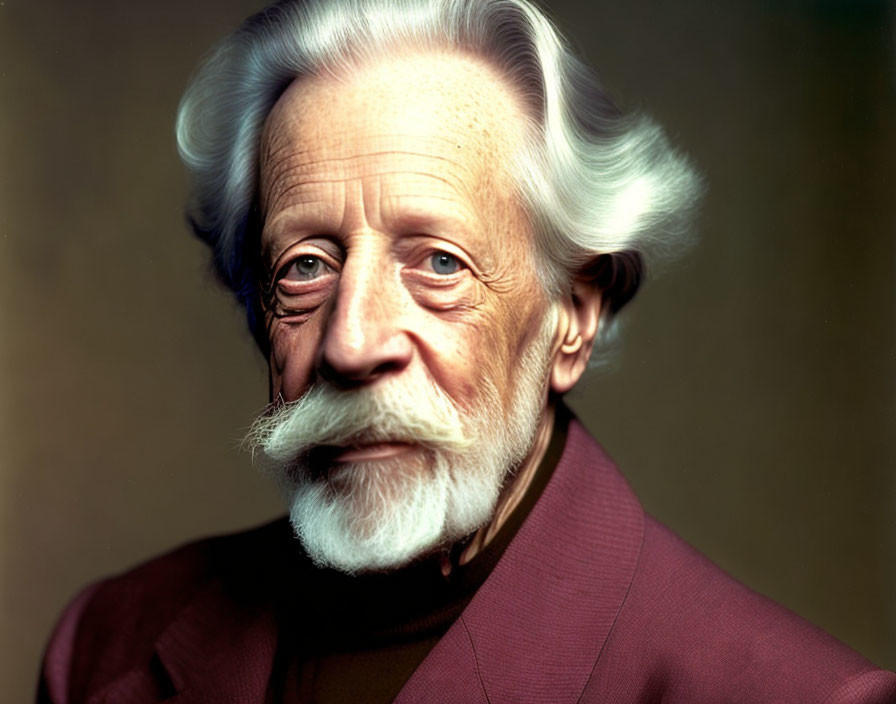 Elderly man with white hair and mustache in burgundy shirt