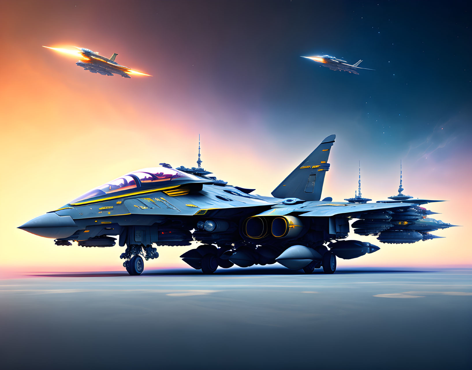 Futuristic fighter jet with elaborate wings and armaments on a runway, two jets soaring in twilight