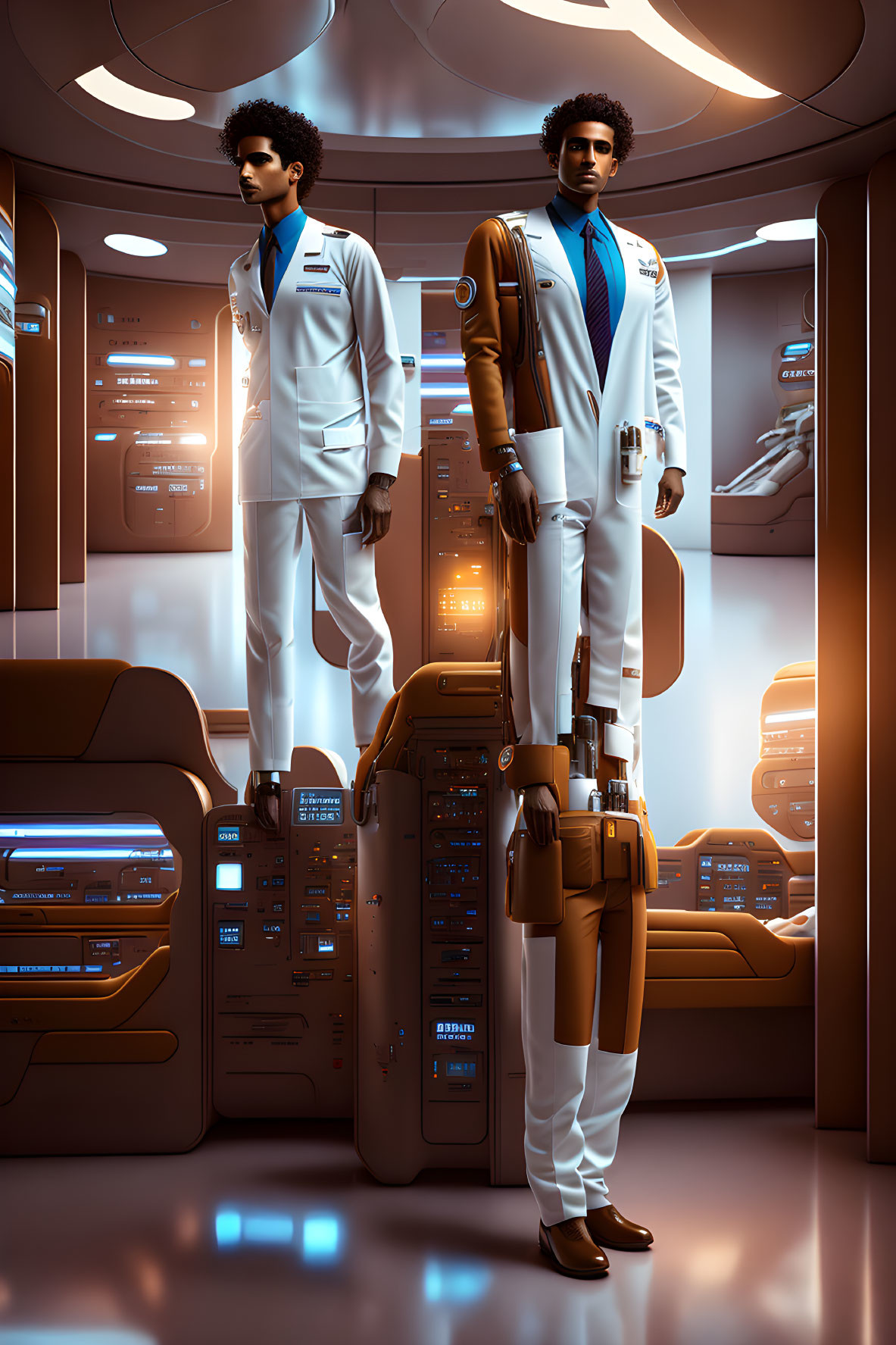 Futuristic attire individuals in spacecraft with high-tech panels