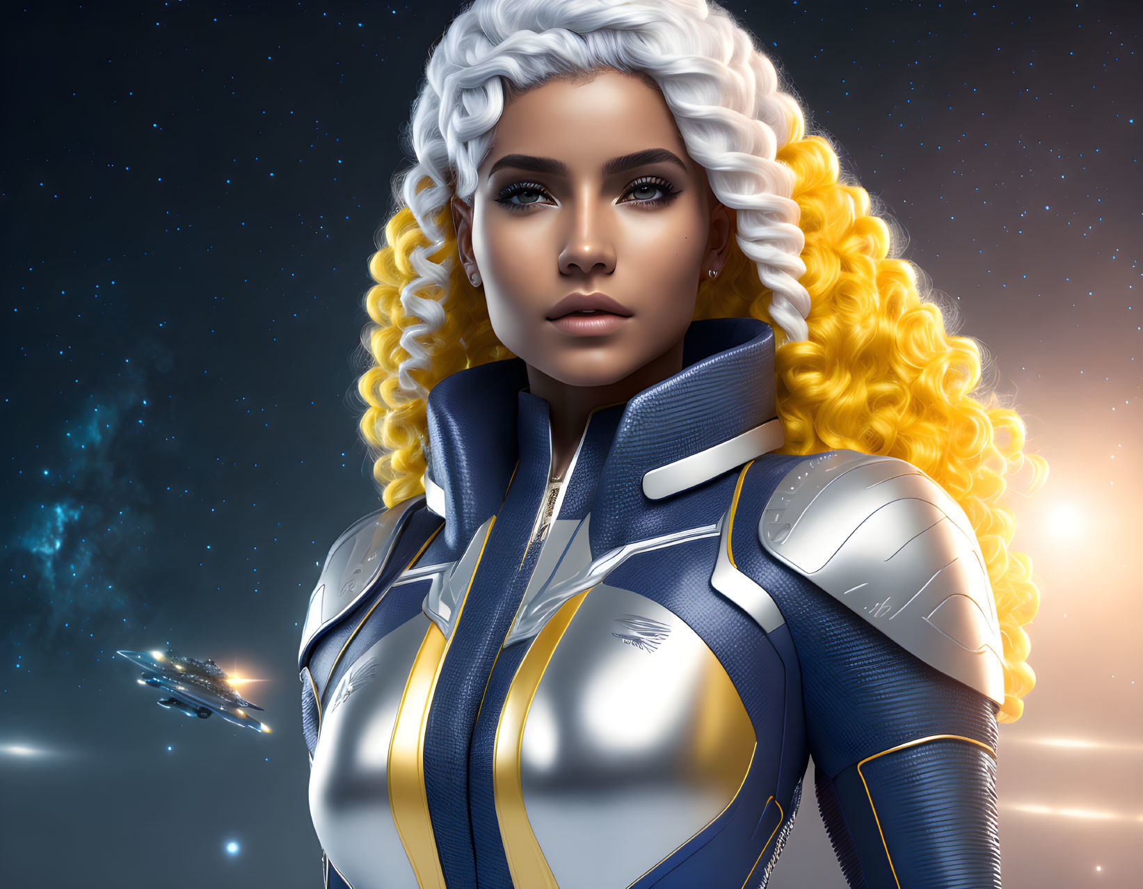 Digital Artwork: Woman with Blue Eyes in Futuristic Space Suit