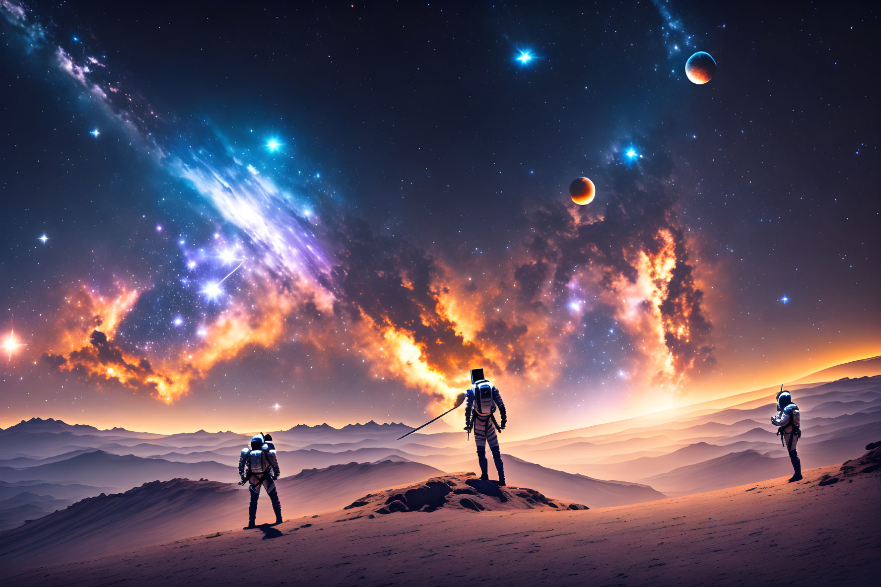 Alien planet with astronauts under starry sky