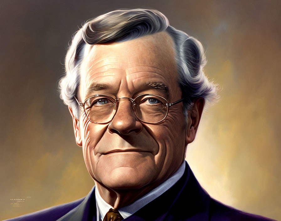 Elderly man portrait with grey hair, round glasses, suit, tie