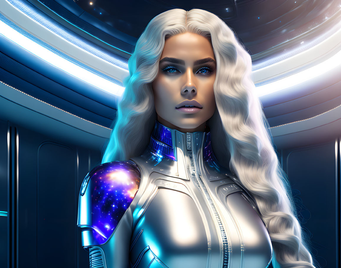 White-Haired Woman in Space-Themed Attire in Futuristic Sci-Fi Setting