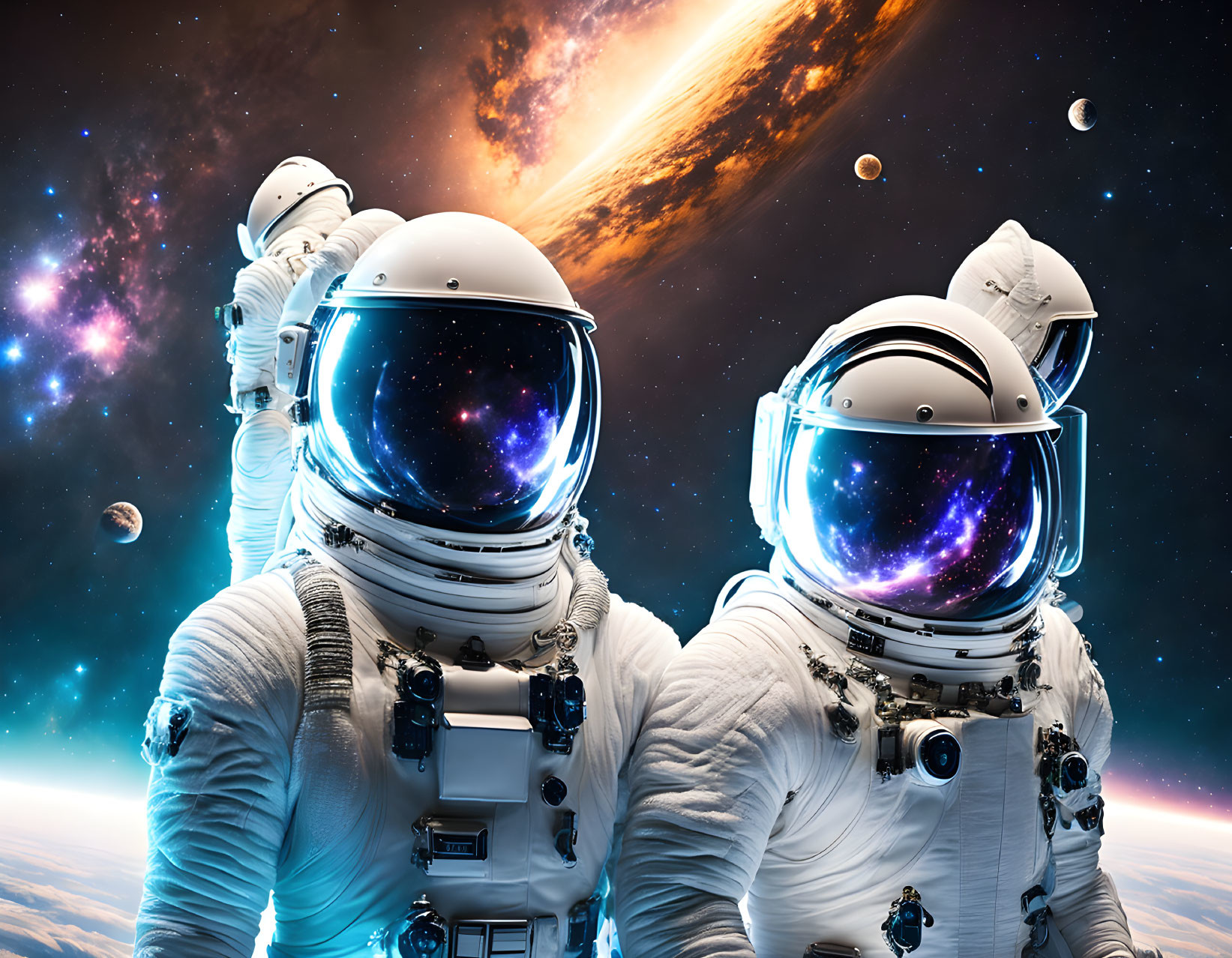 Astronauts in space suits with cosmic backdrop and galaxy reflection.