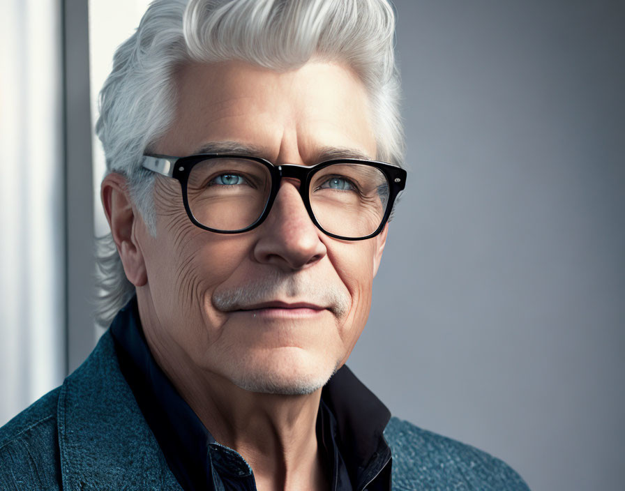 Gray-Haired Man in Glasses and Jacket Contemplating