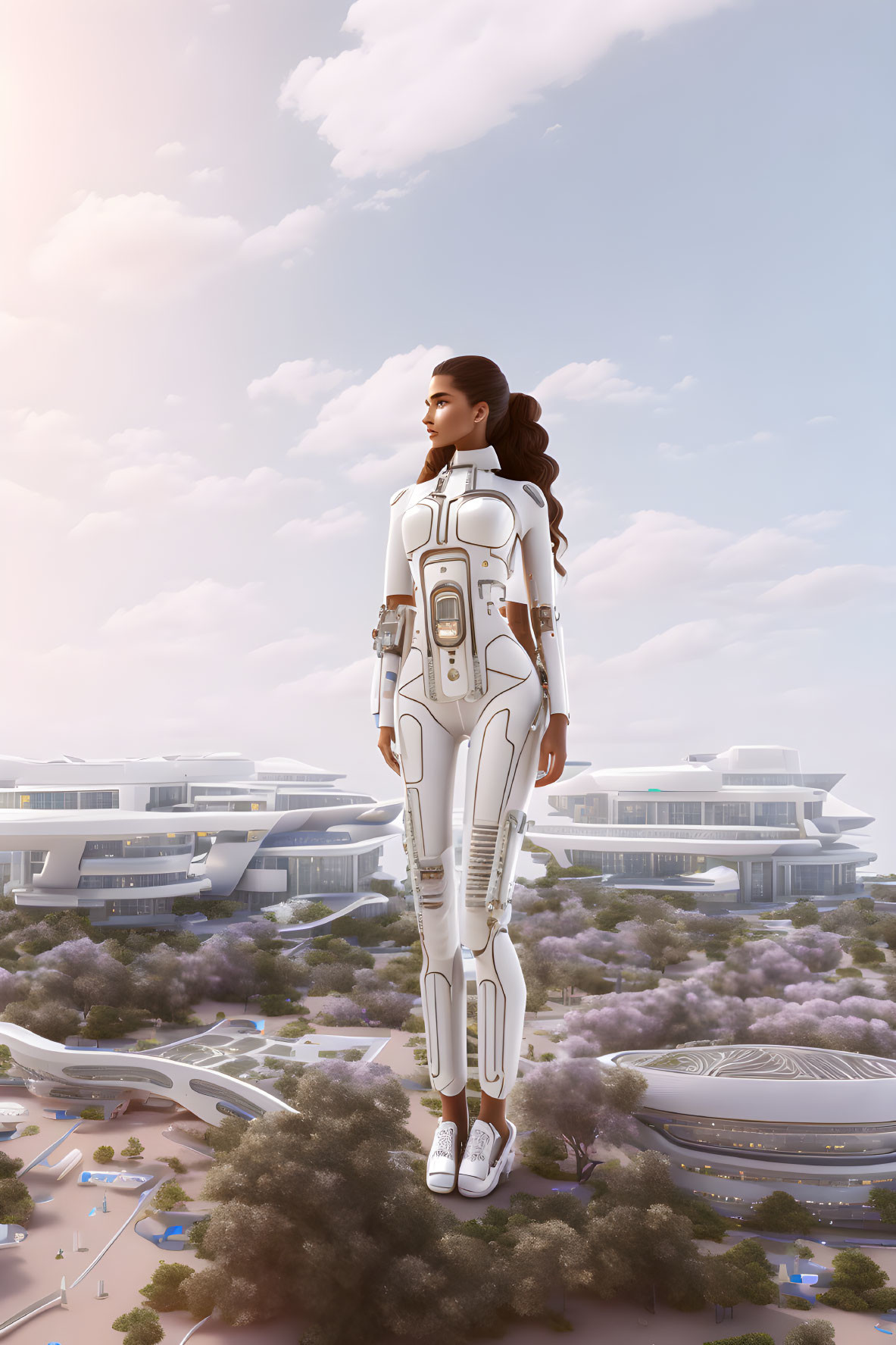 Futuristic female robot in modern cityscape with sleek buildings