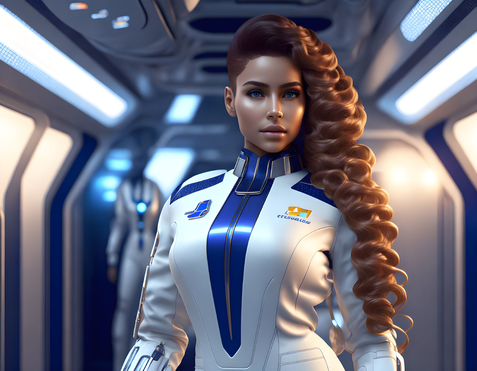 Futuristic 3D illustration of woman in white spacesuit in spacecraft corridor