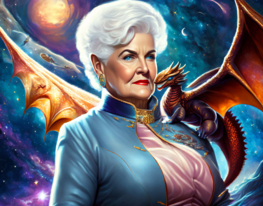 Elder lady with white hair and dragon on shoulder in cosmic setting