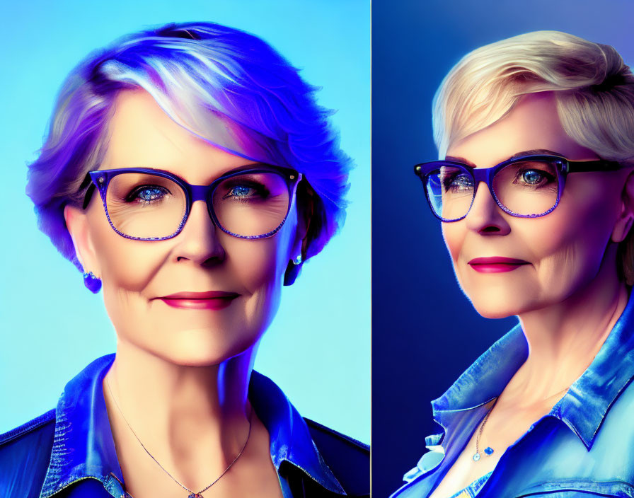 Stylish elderly woman with short hair and glasses in two portraits on blue background