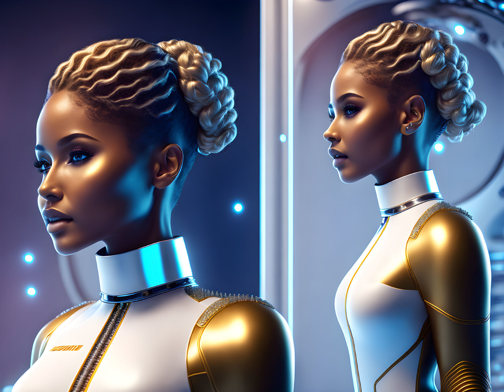 Futuristic woman with braided hair in metallic suit and mirrored duplicate