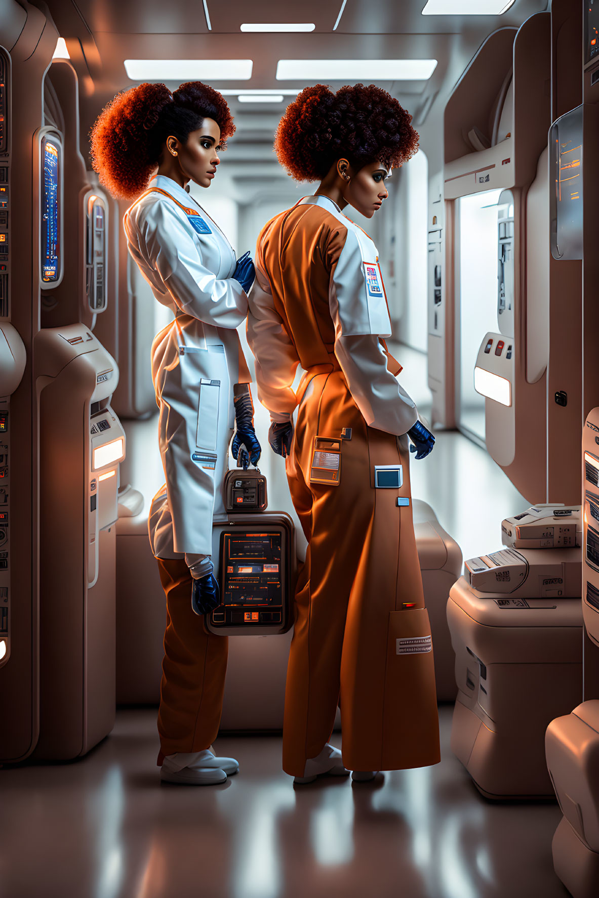 Two women in futuristic sci-fi uniforms with afros in spaceship corridor.