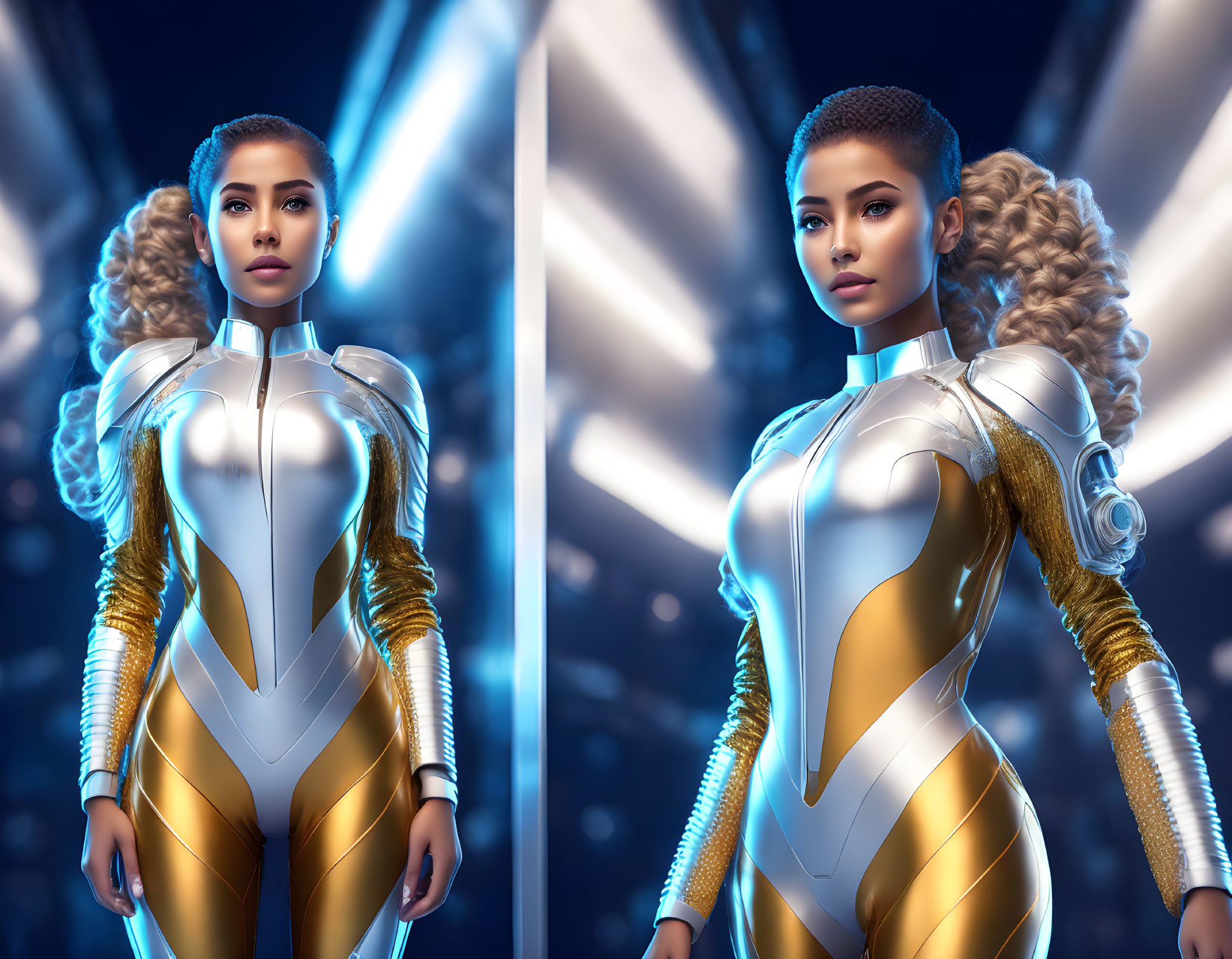 Futuristic woman in silver and gold suit with bright lights.