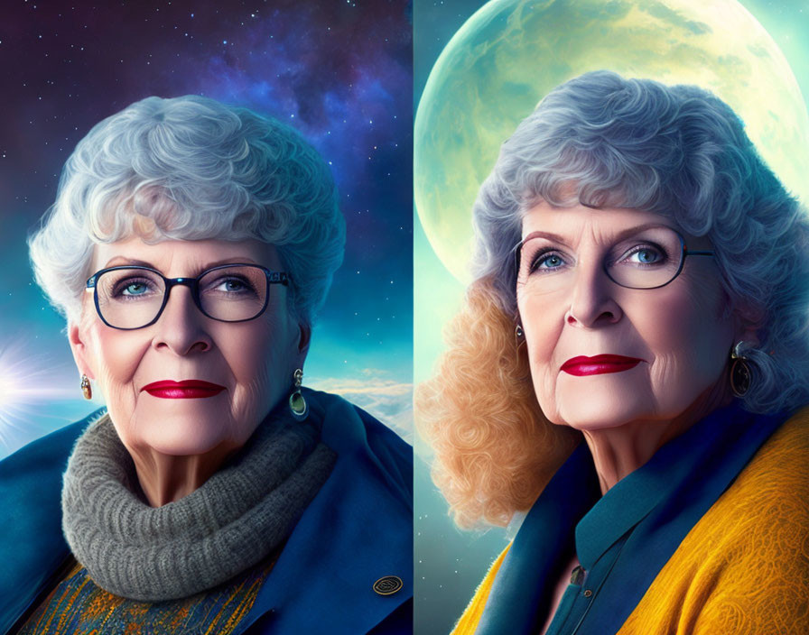 Elderly woman with glasses against space backdrop and moon