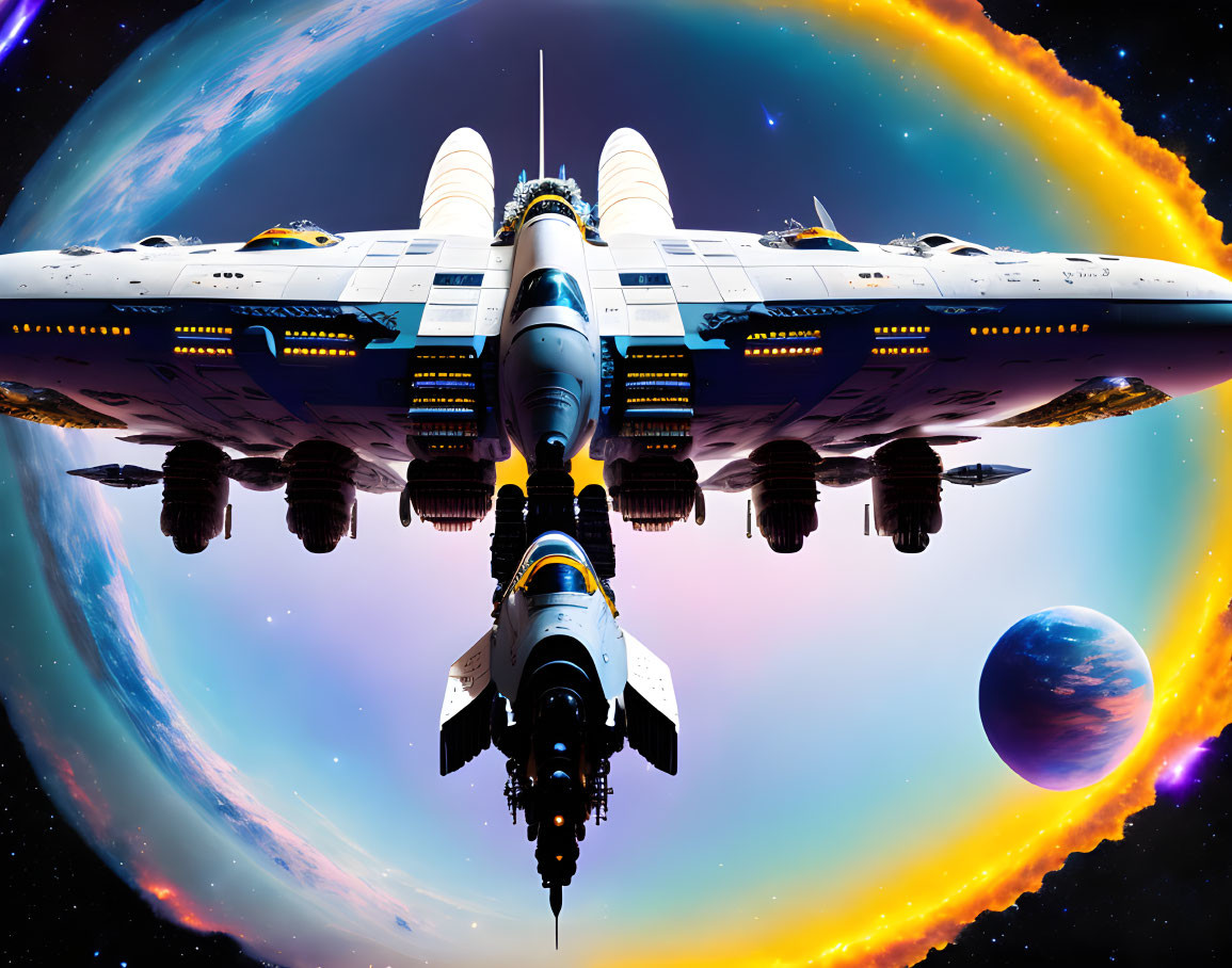 Futuristic space shuttle hovering above colorful galaxy planet.