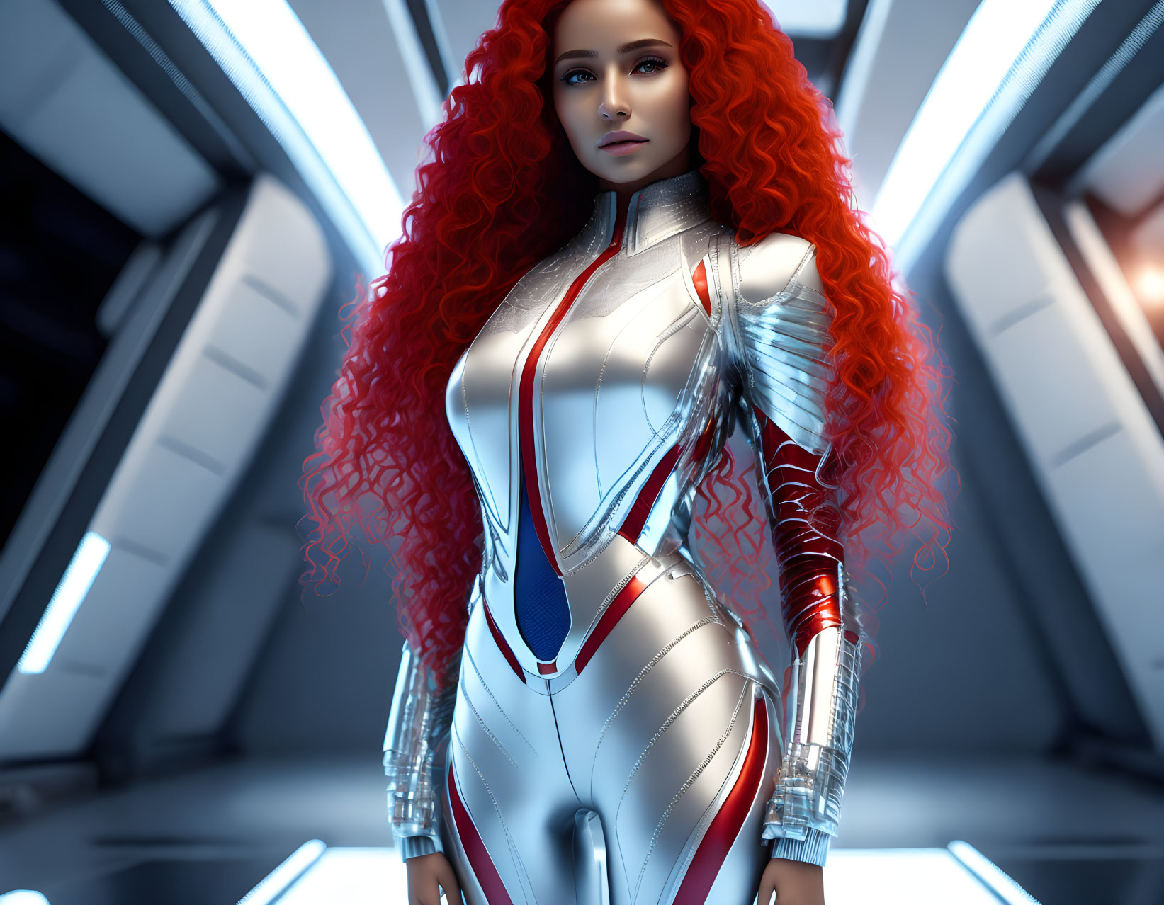 Voluminous red hair on 3D-rendered female in futuristic white and blue suit in sleek