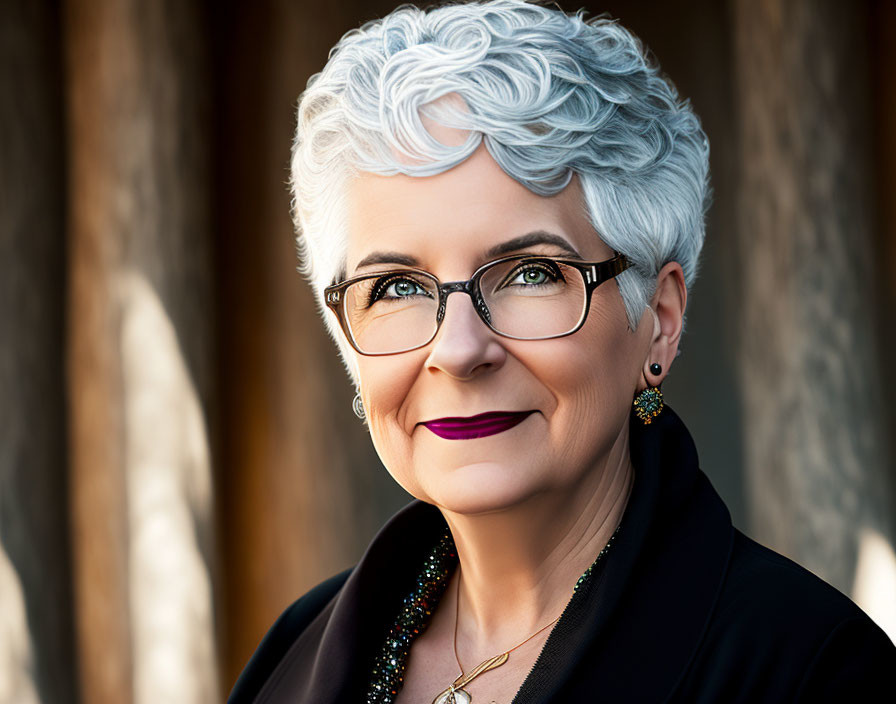 Senior woman with stylish gray hair, glasses, earrings, and dark outfit smiling gently