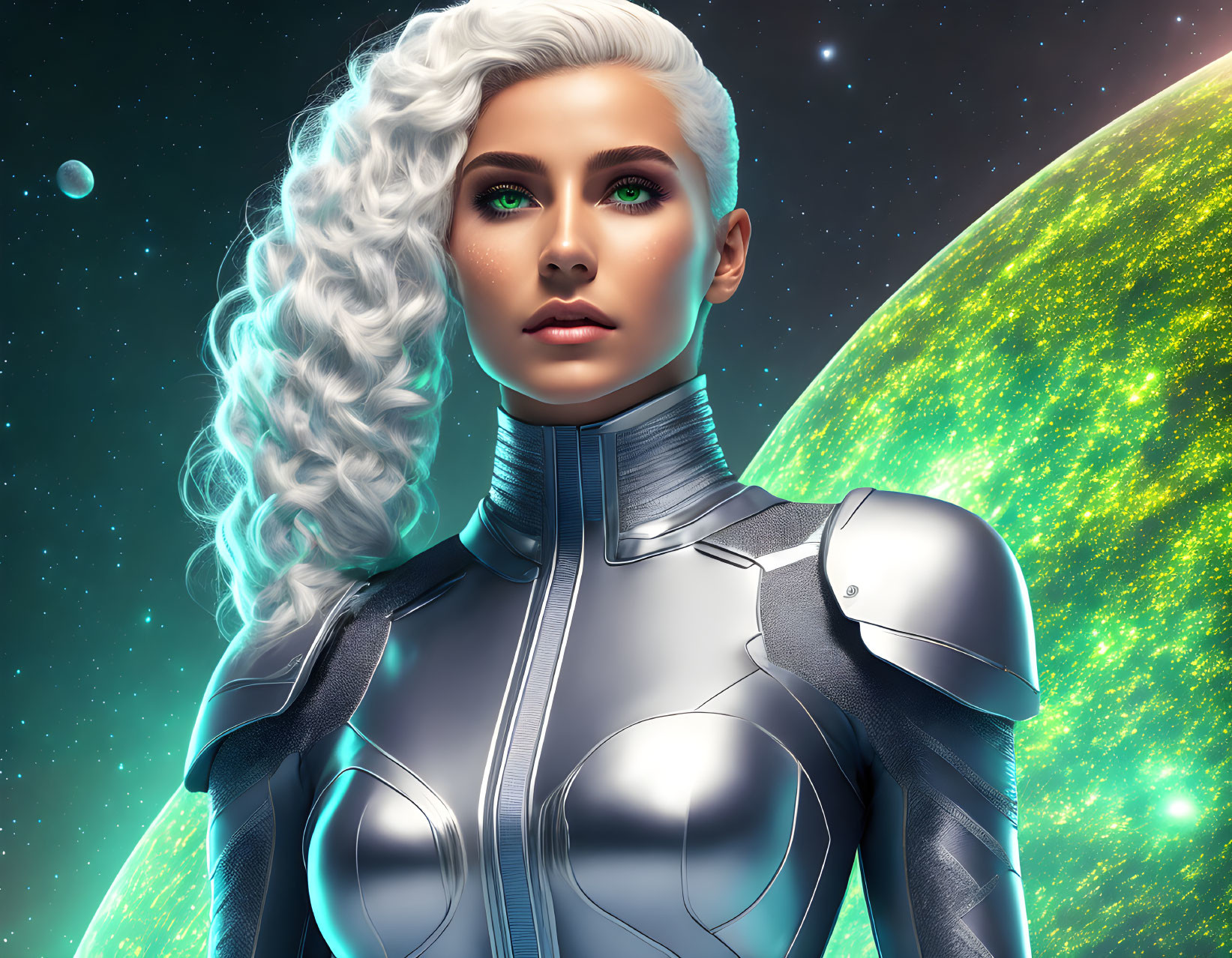 Futuristic woman in silver armor with white curly hair in cosmic setting