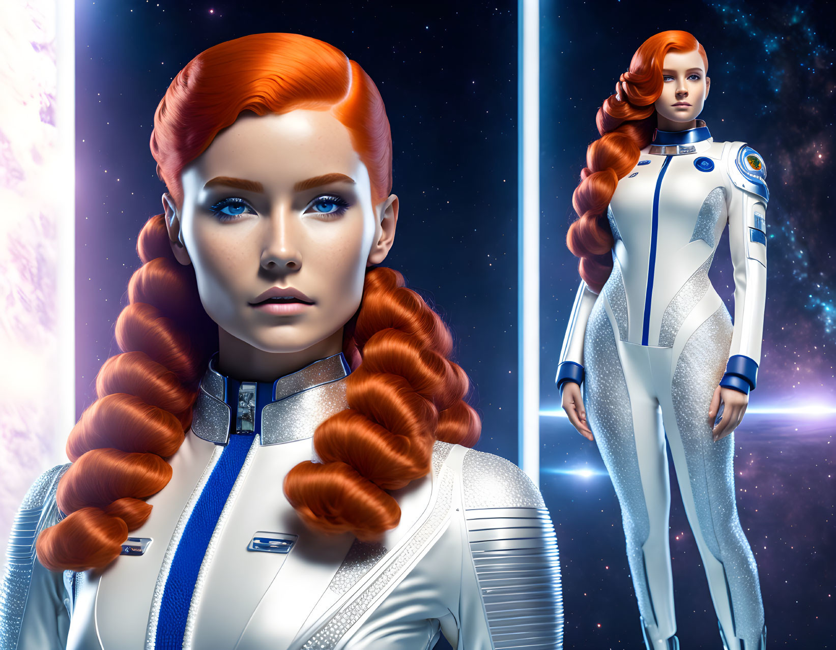 Futuristic woman with red braided hair in white space suit among stars