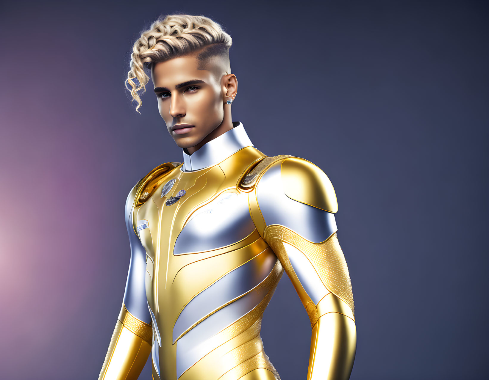 Platinum Blonde Futuristic Figure in Golden High-Tech Suit