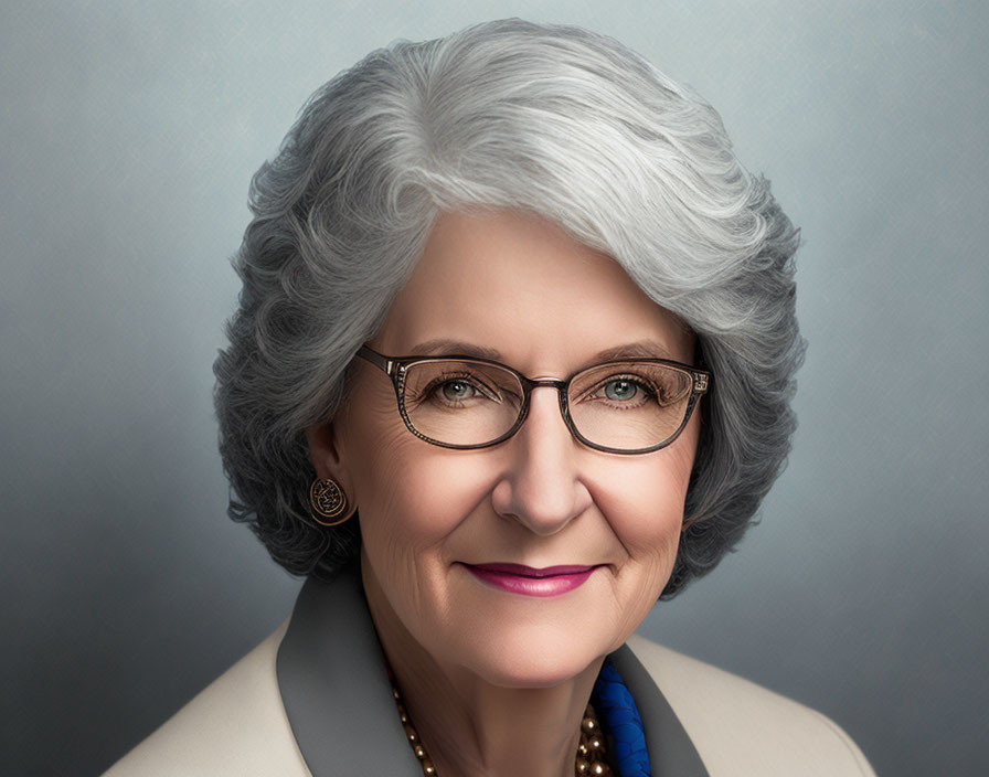 Elderly woman with white hair, glasses, warm smile, beige outfit, blue necklace