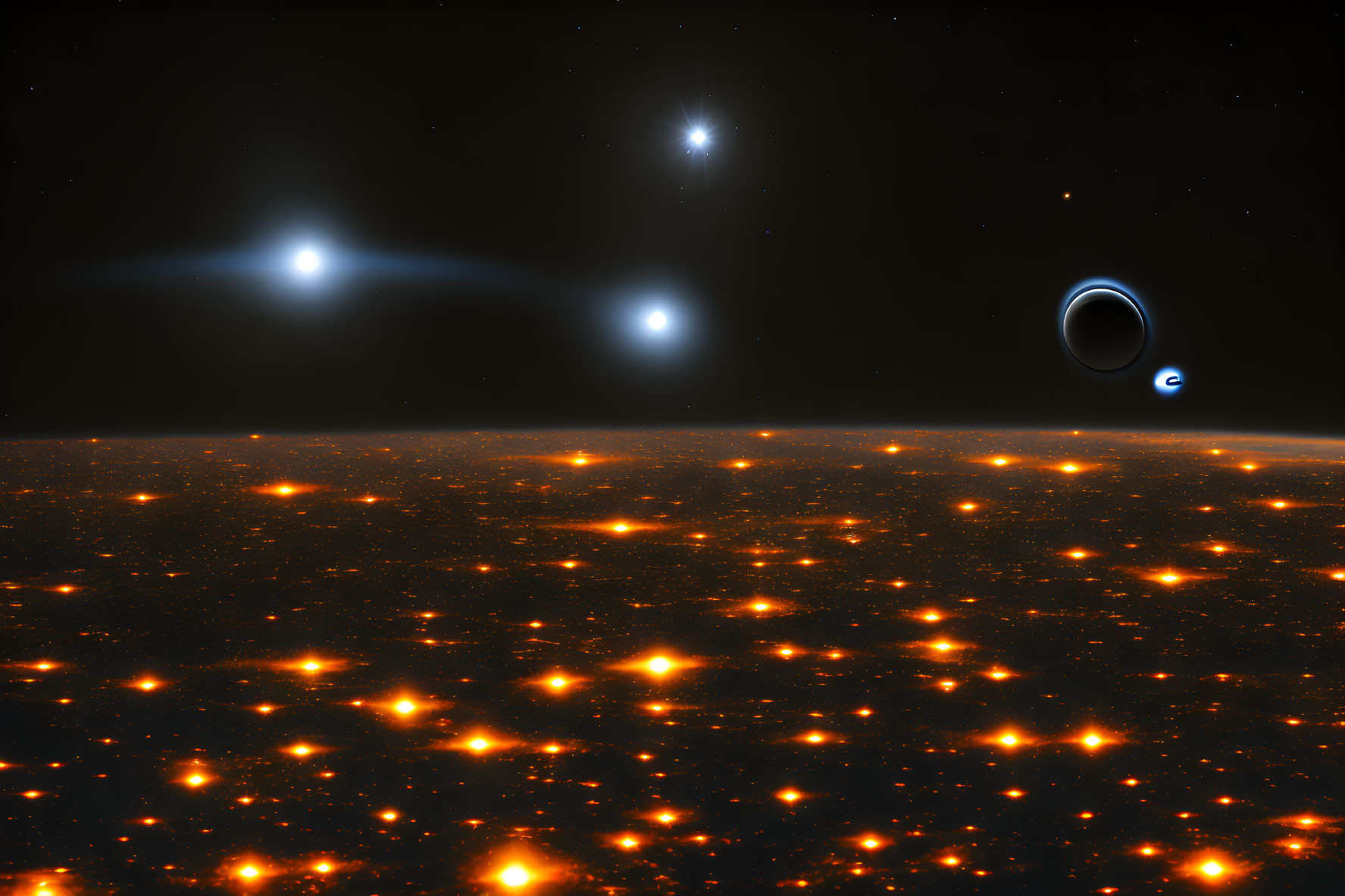 Digital art of star field with glowing orange lights, two bright stars, and planet with ring system