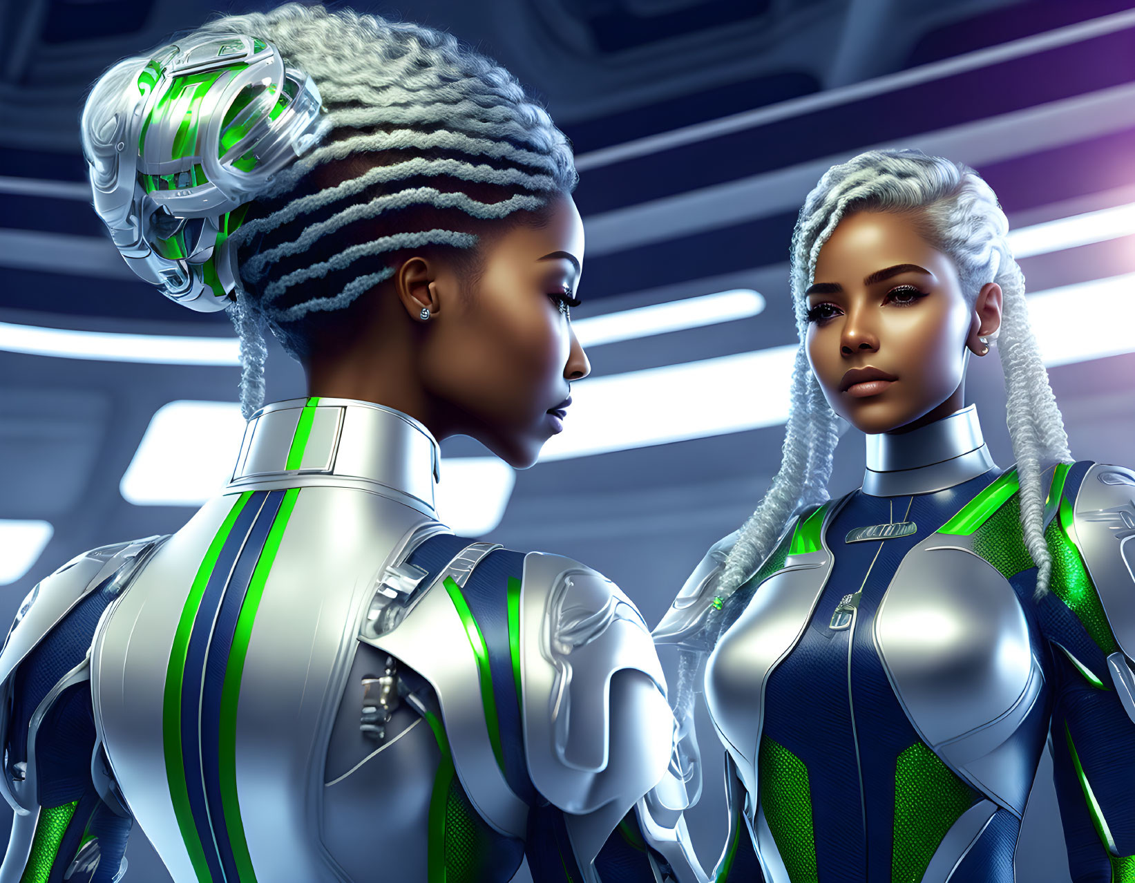 Futuristic women with intricate hairstyles in neon suits in sci-fi setting