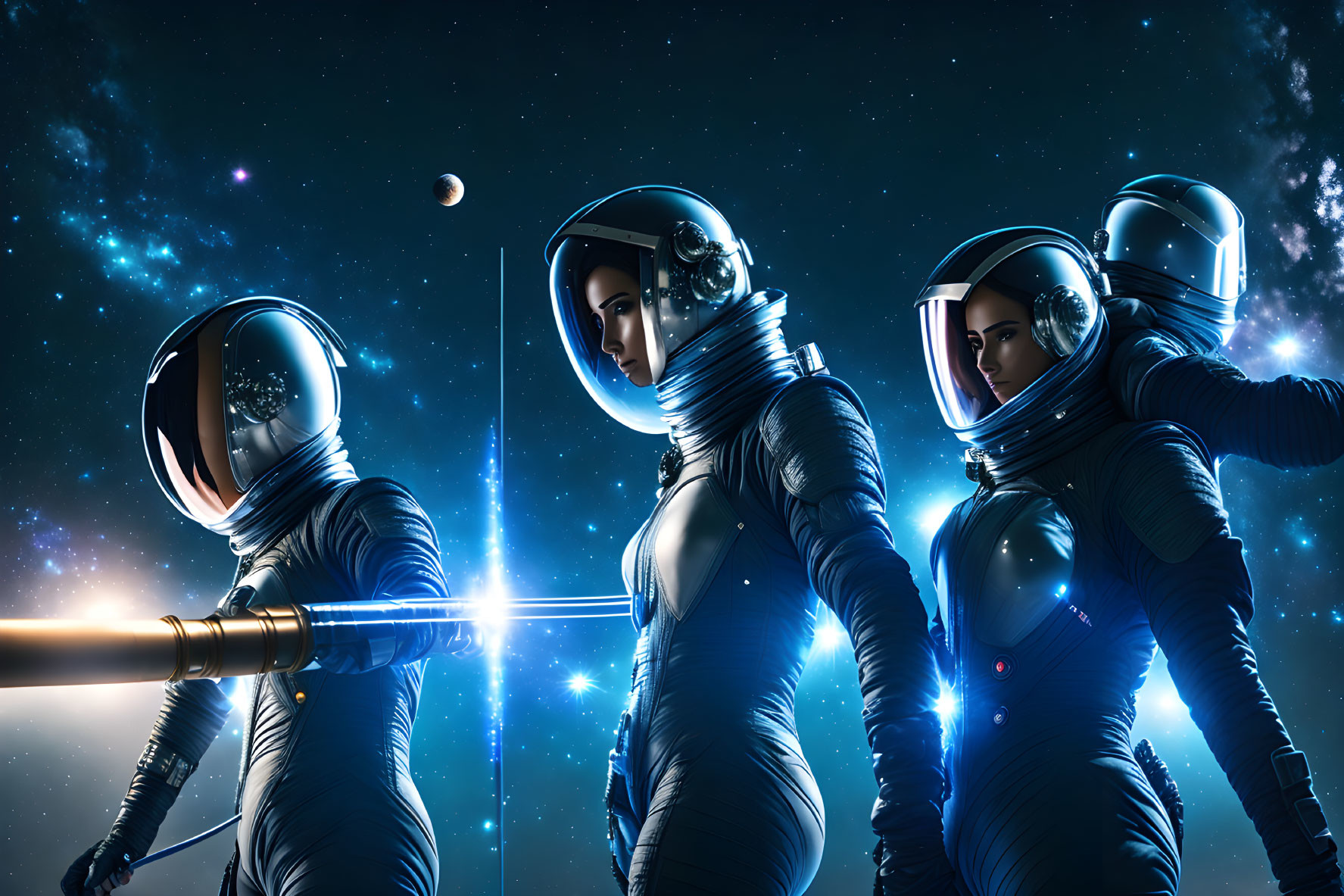 Four astronauts in sleek suits against cosmic backdrop with distant planet.