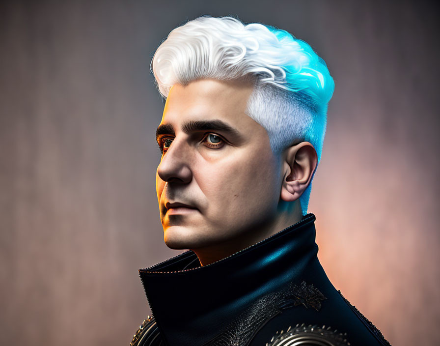 Striking digital portrait of man with white and blue hair and futuristic outfit