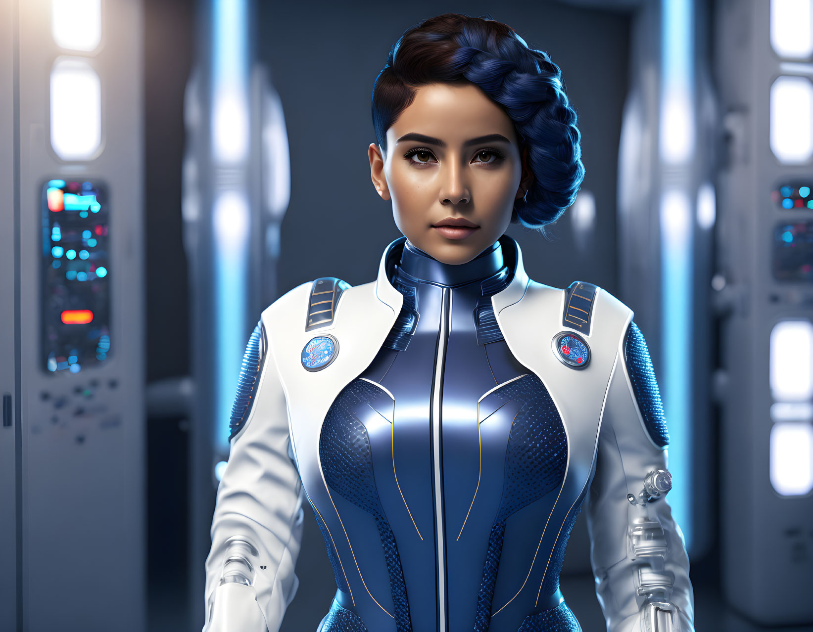 Futuristic digital artwork of a confident woman in blue hair and spacesuit