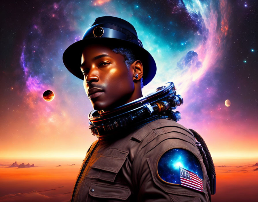 Futuristic astronaut profile with stylized collar against cosmic backdrop