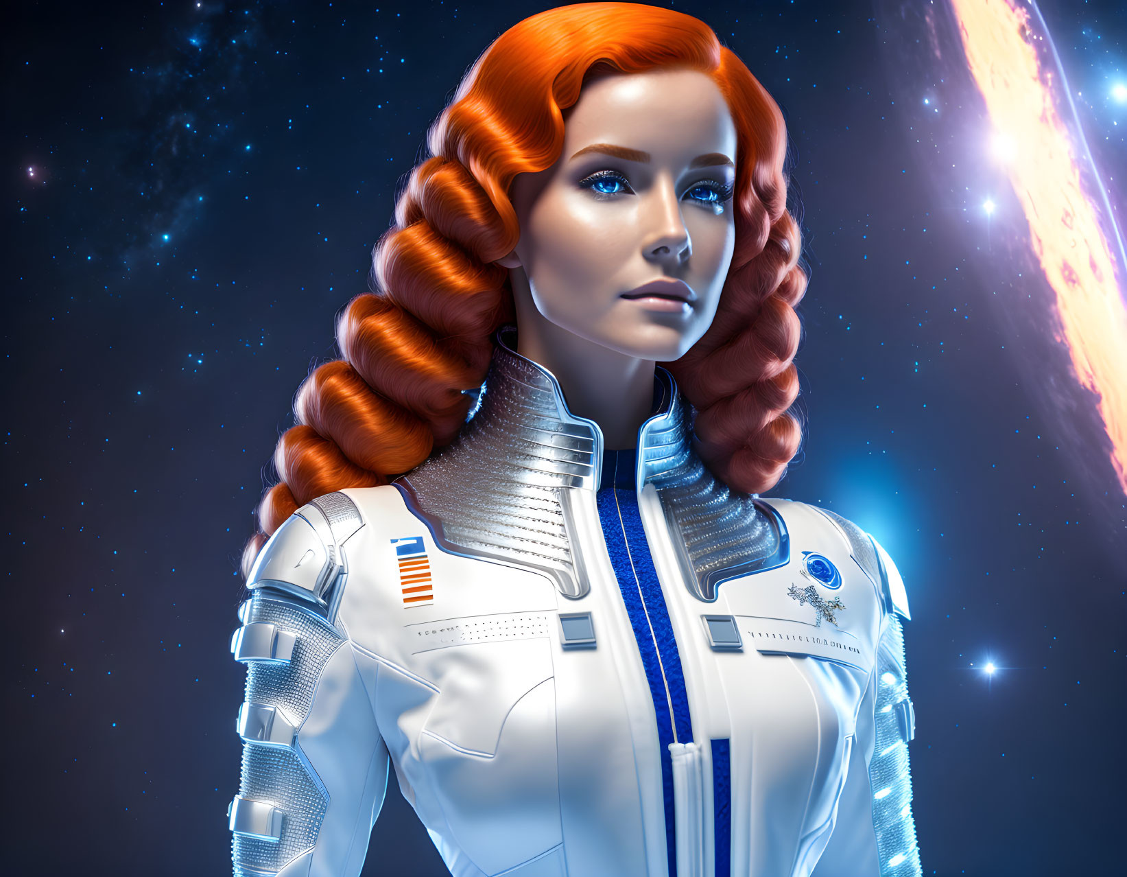 Red-haired woman in futuristic spacesuit with cosmic background