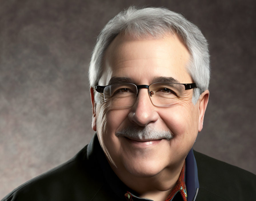 Smiling man with gray hair, glasses, mustache in portrait against gray background