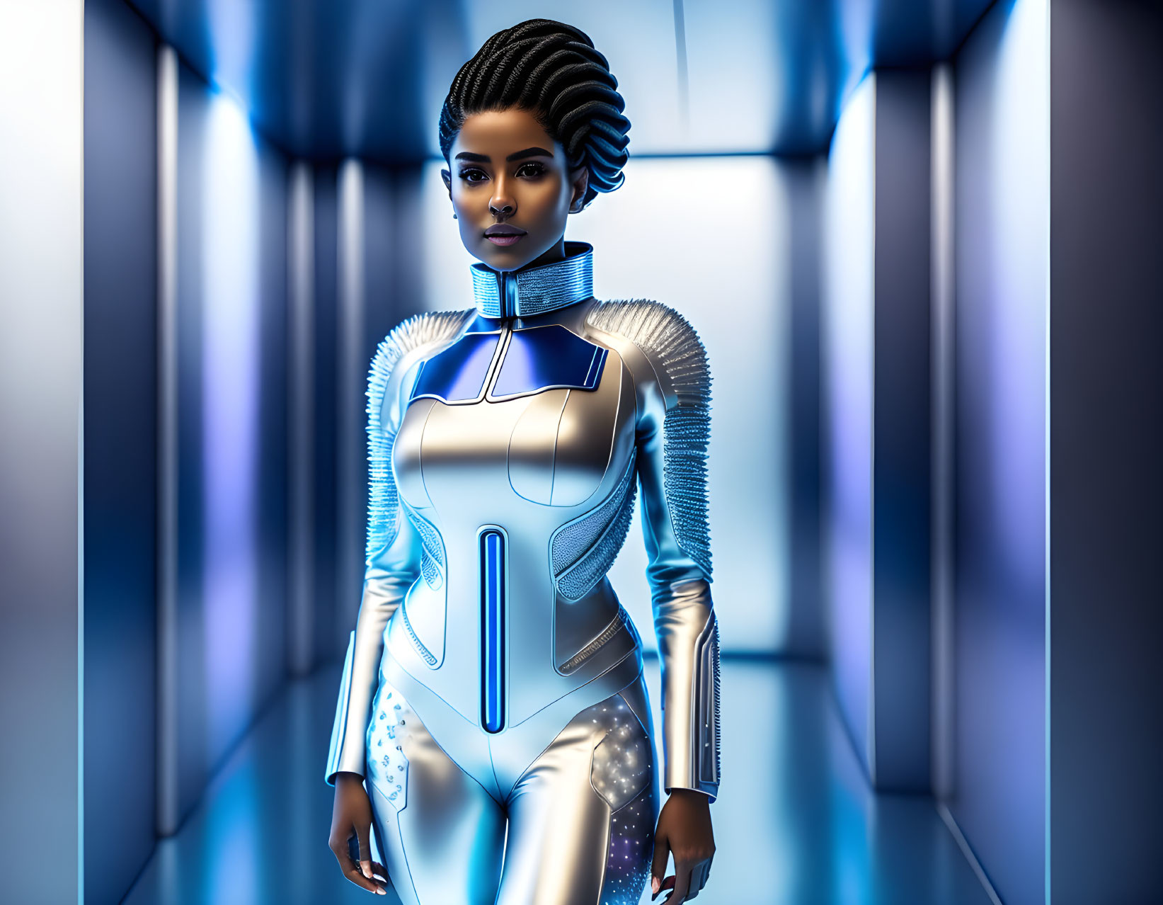 Futuristic female character in white and blue bodysuit in metallic corridor