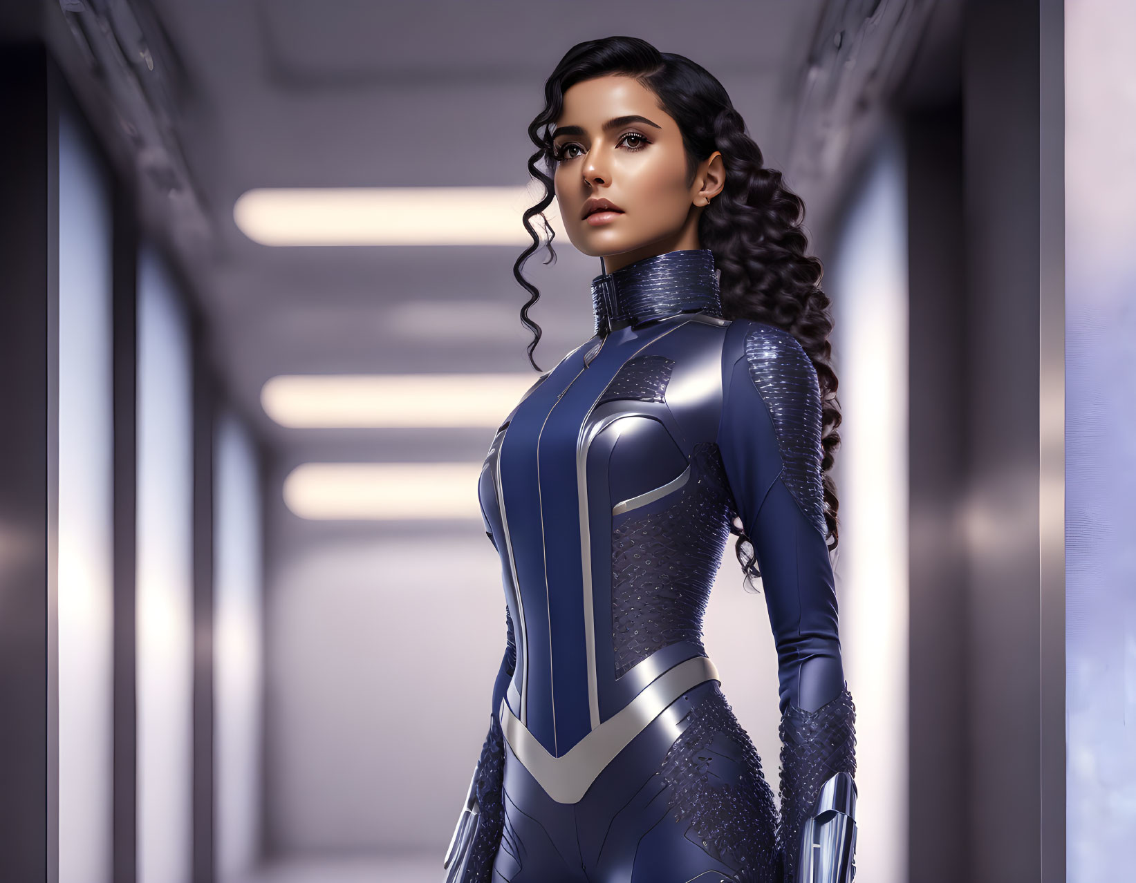 Futuristic woman in blue suit in sleek, illuminated corridor