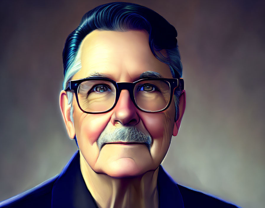 Elderly man with gray hair, mustache, and glasses in dark blue attire on warm-ton