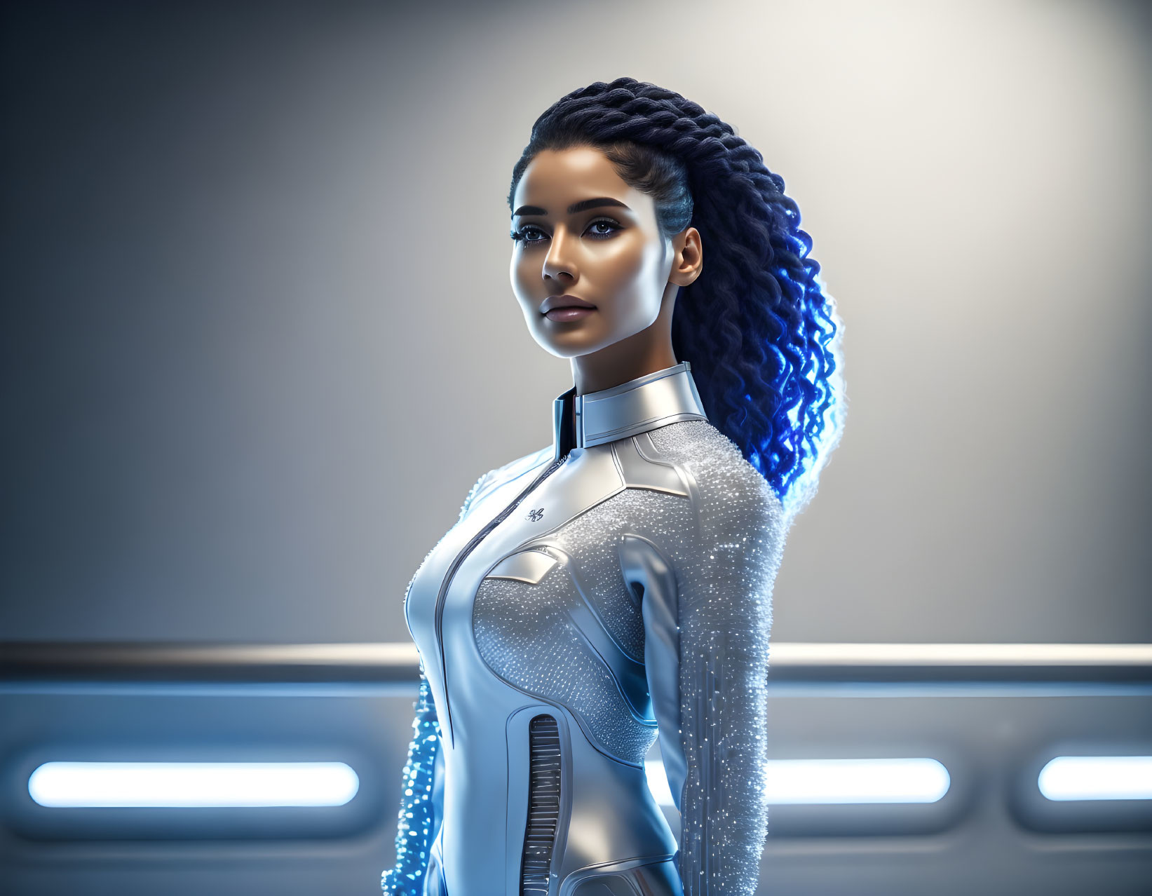 Futuristic woman with blue hair in metallic bodysuit in sleek corridor