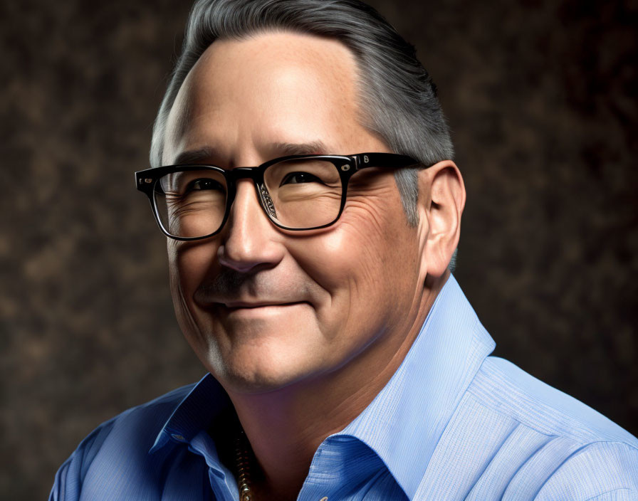 Smiling man with glasses in blue shirt on brown background