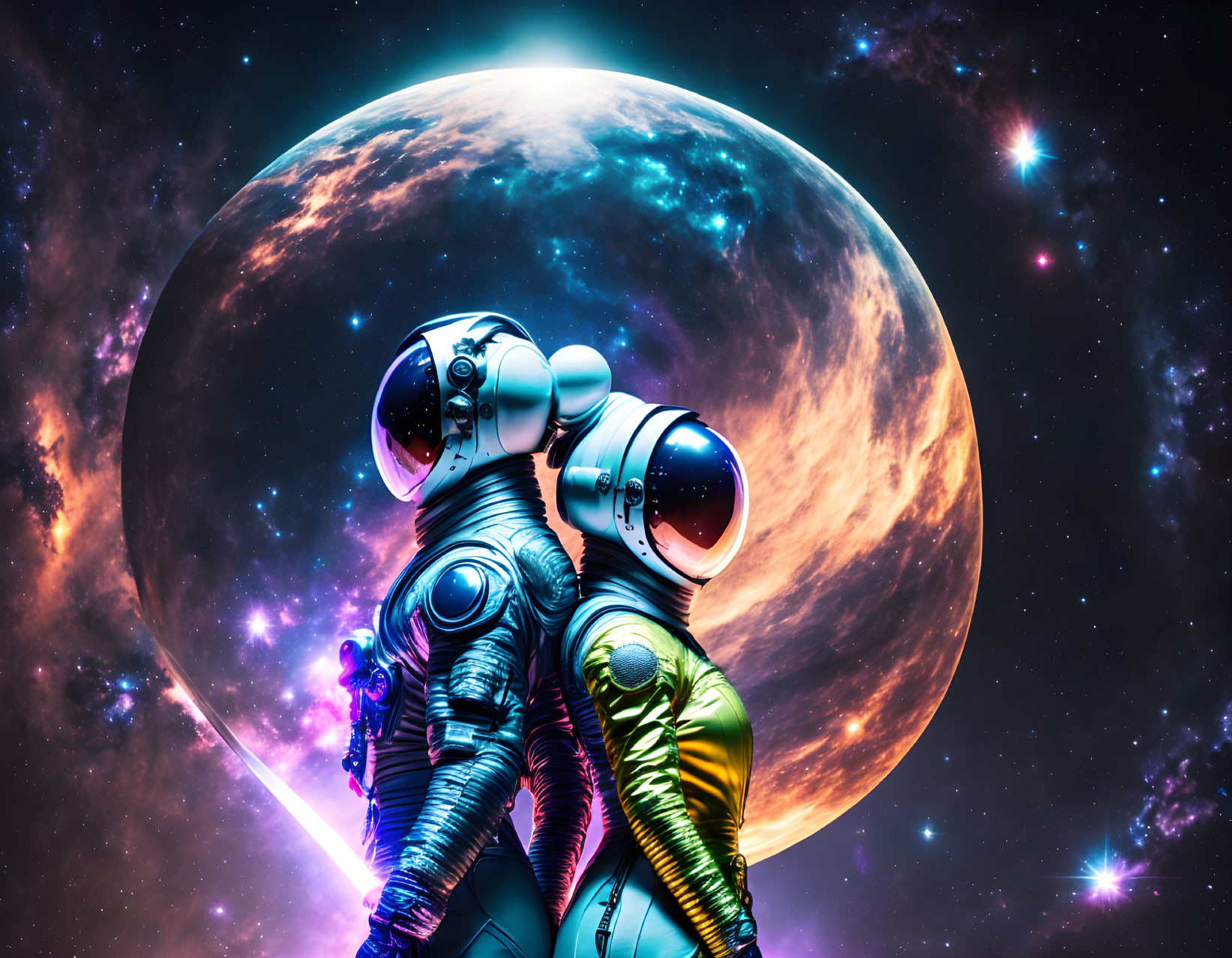 Detailed Spacesuit Astronaut Observing Massive Illuminated Planet and Moon