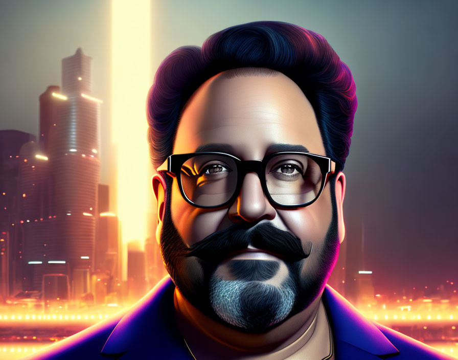 Bearded man with glasses in neon cityscape illustration